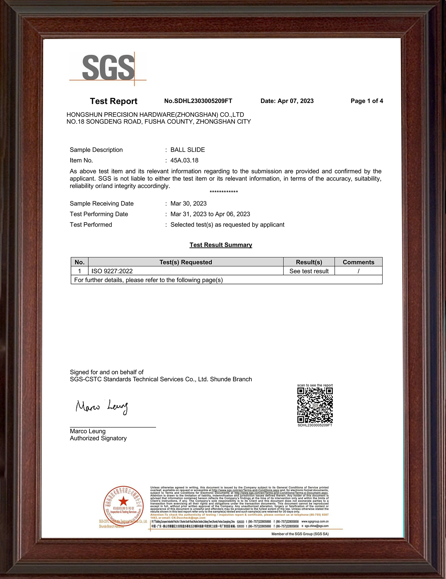 Ball Slide Test certificate