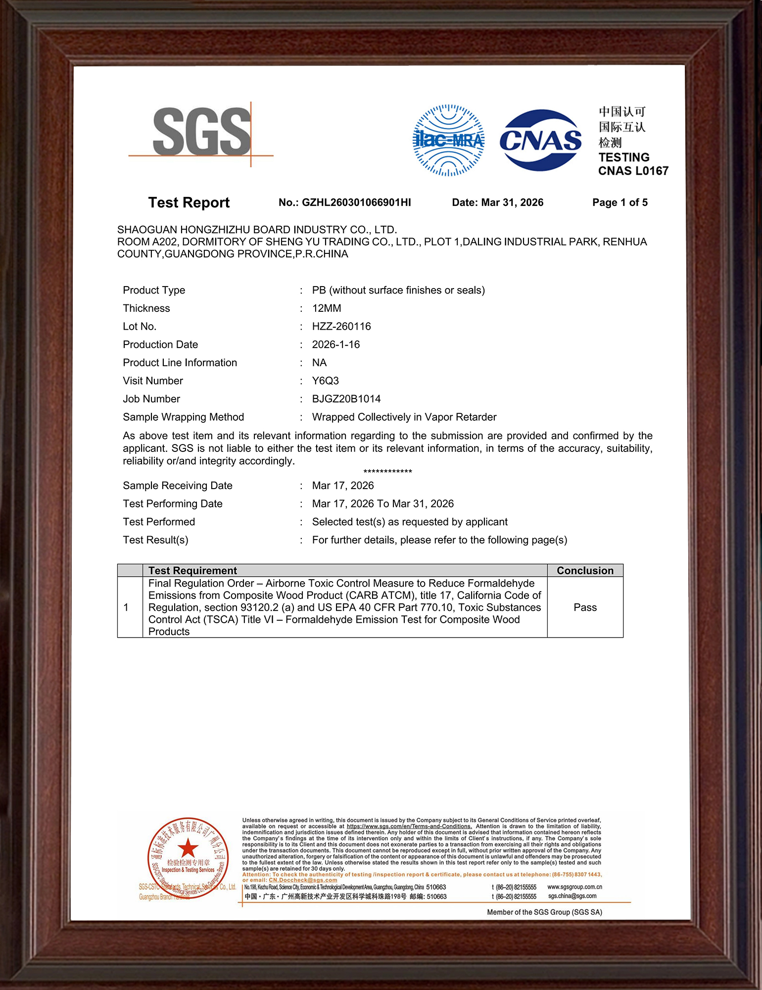 Panel Formaldehyde Test certificate